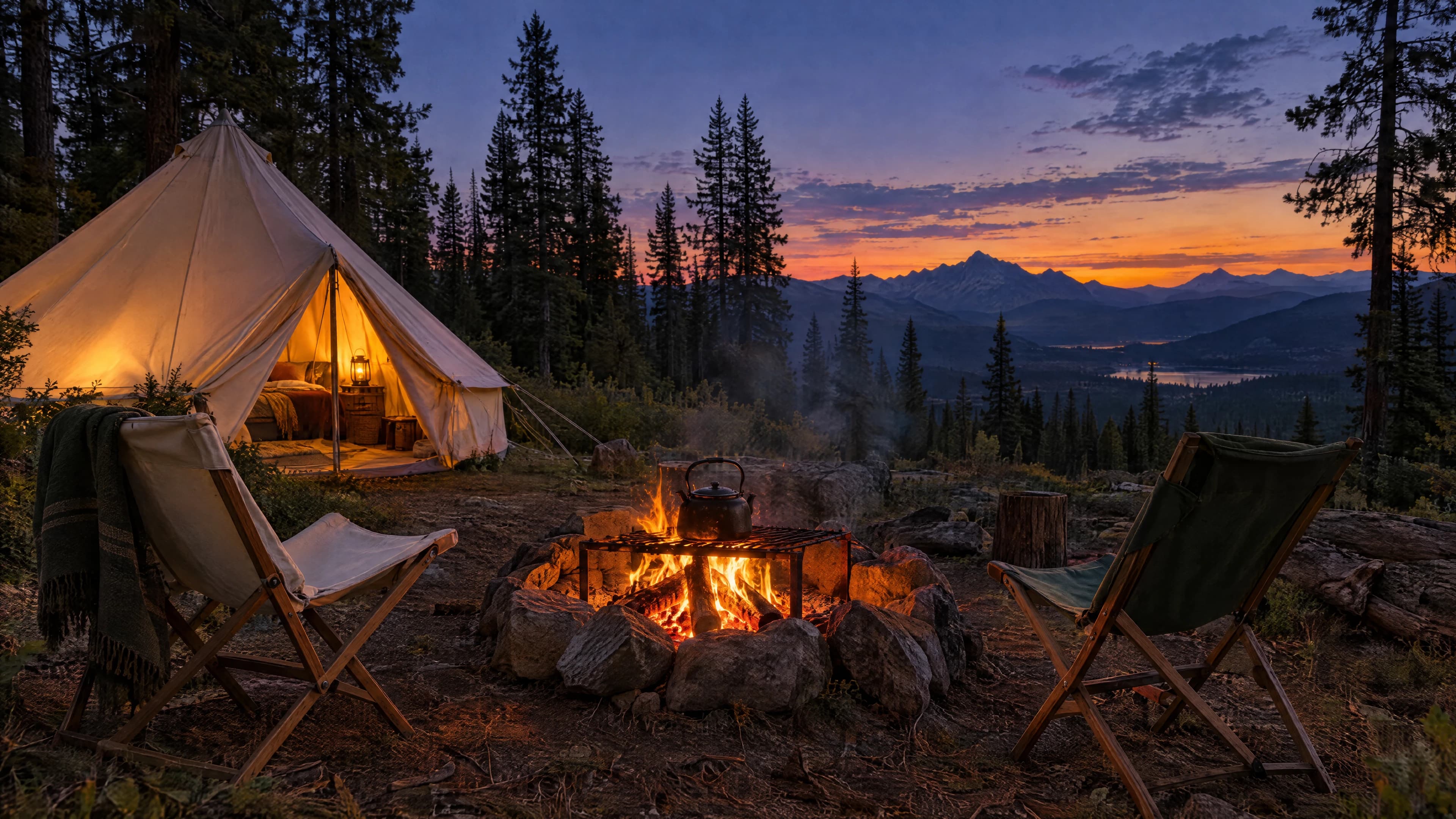 A lit canvas tent and a rock-ringed campfire at dusk, with camp chairs and mountains beyond the pines.