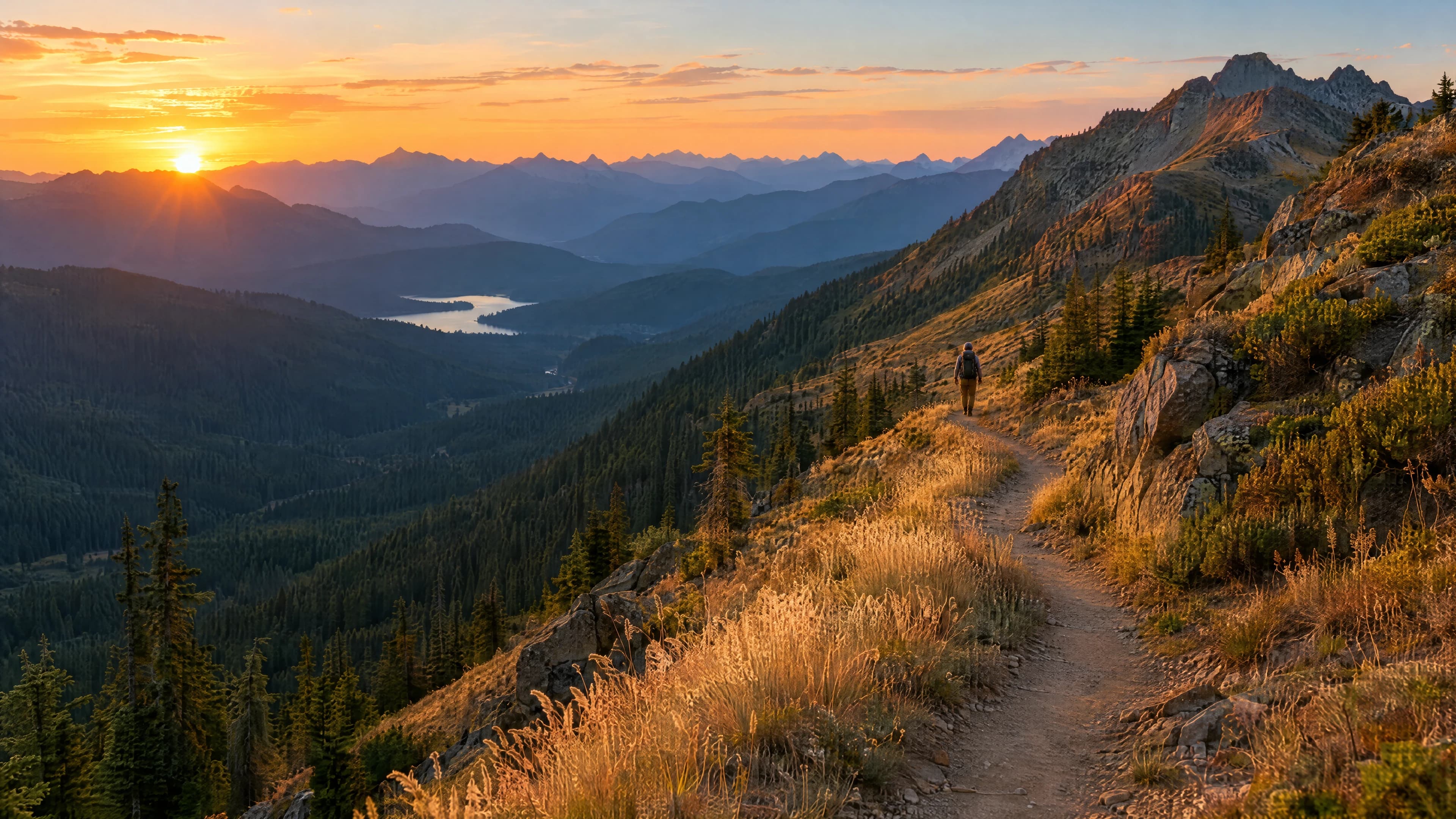 A hiker on a high dirt trail at golden hour, with a lake and layered mountains beyond.