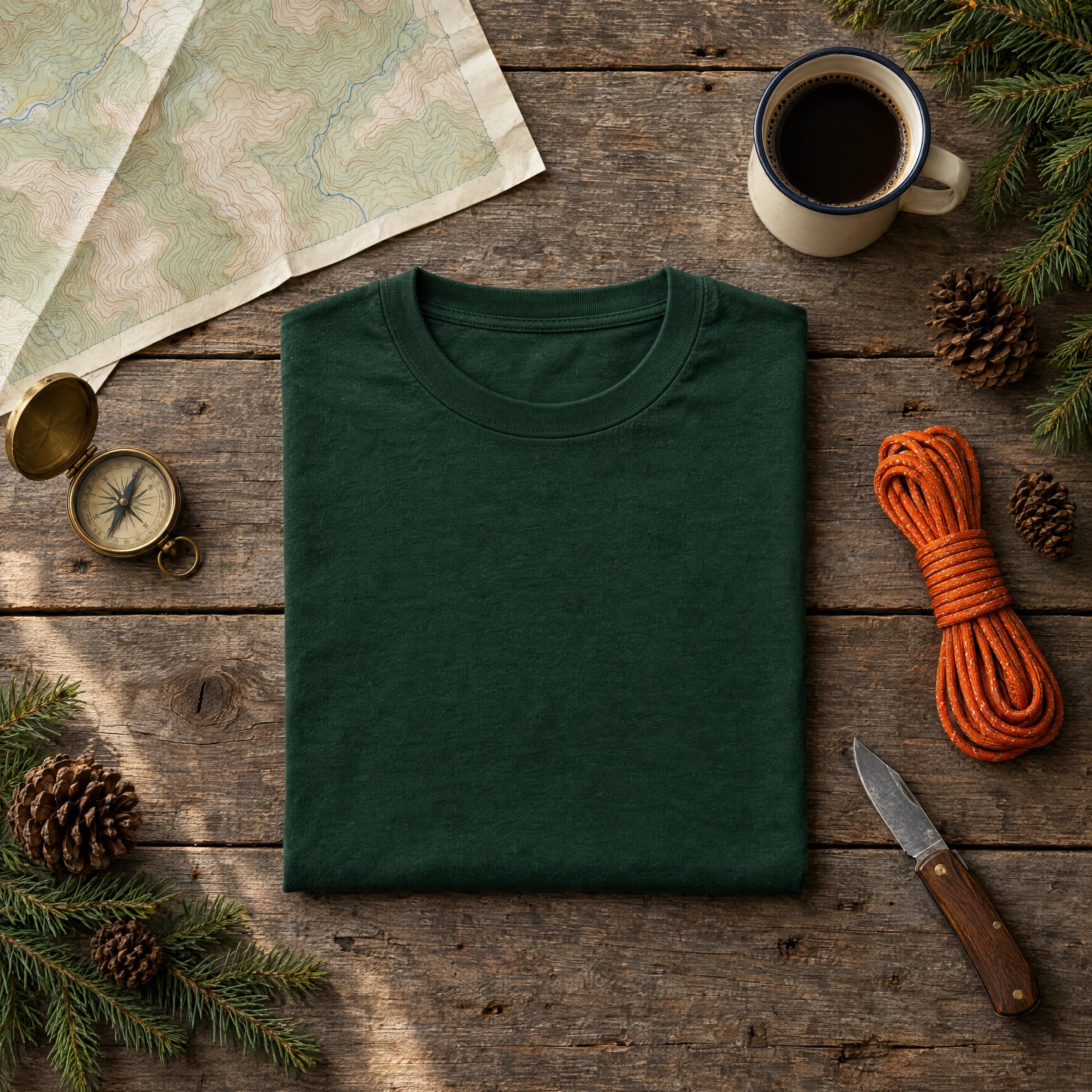 A folded dark green tee on a wooden table with a topo map, compass, coffee, rope, and pine cones.